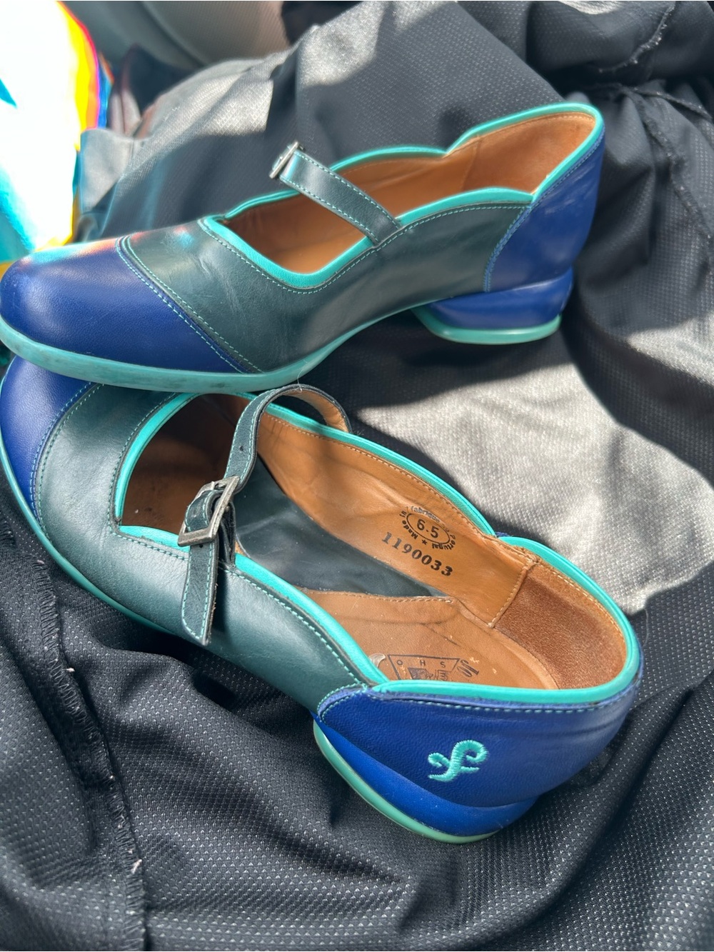 John Fluevog Teal and Navy Mary Jane Flats